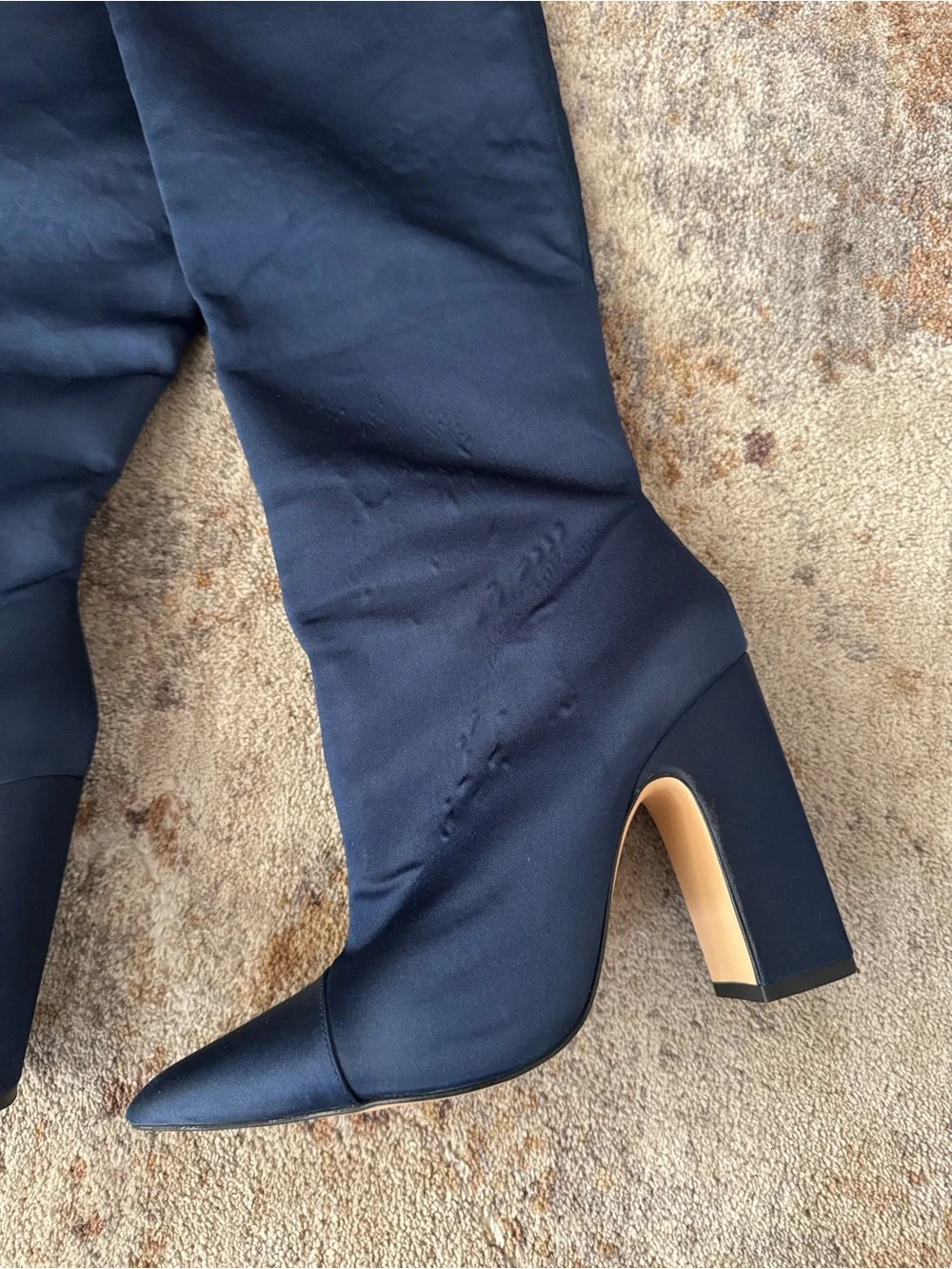 Zara Satin Navy Over-the-Knee Pointed Toe Block Heel Boots
